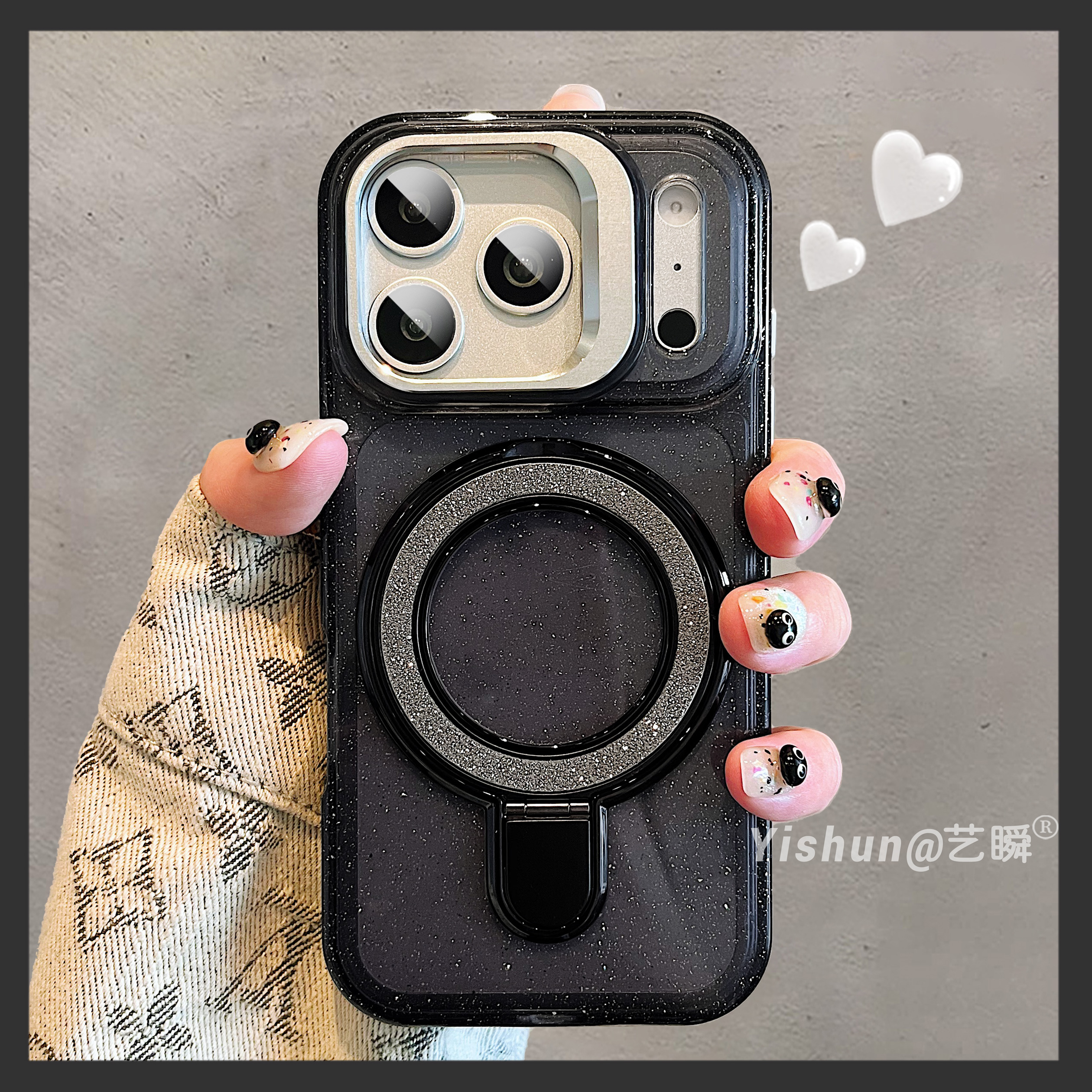 透黑闪粉一体式支点壳镜头折叠支架适用苹果17ProMax磁吸手机壳iPhone16高级设计感14双支架15pm新款13保护套