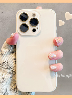 简约高级感米白纯色手机壳适用iPhone16/17proMax亮面玻璃15pro韩系新款14pm小众个性13水晶镜头膜17p保护套
