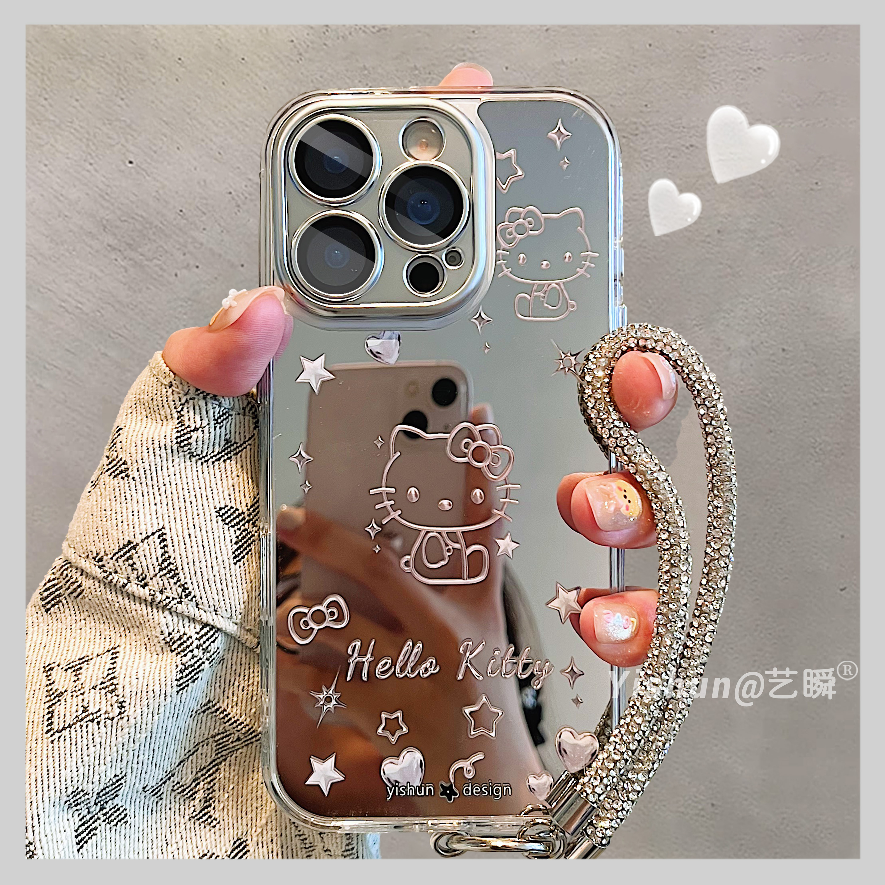 粉色线条爱心星星kt猫适用苹果17/16ProMax手机壳新款iPhone17pro少女创意15plus补妆镜面13防摔女款14保护套