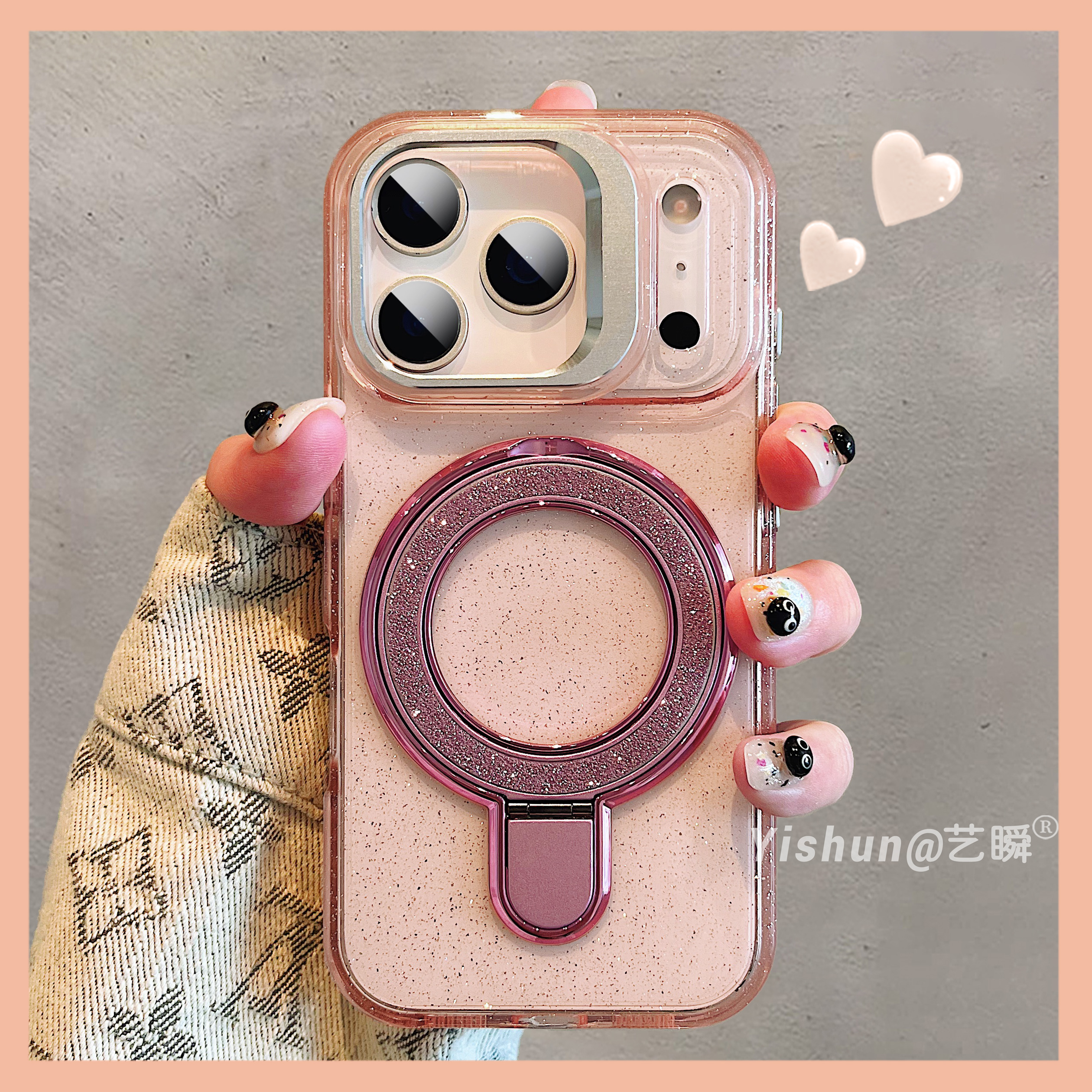 透粉闪粉高级设计感双支架适用苹果17ProMax手机壳新款iPhone16镜头折叠支架14磁吸15pm一体式支点壳13保护套