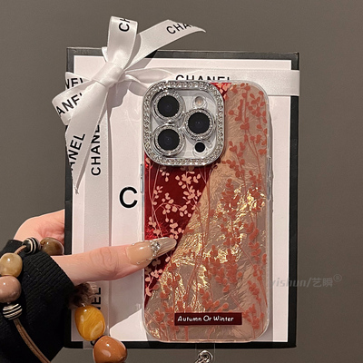 适用苹果16ProMax手机壳复古个性新款iPhone17pro高级感拼接满屏枝叶15奢华14pm闪钻镜头全包12保护套13女款