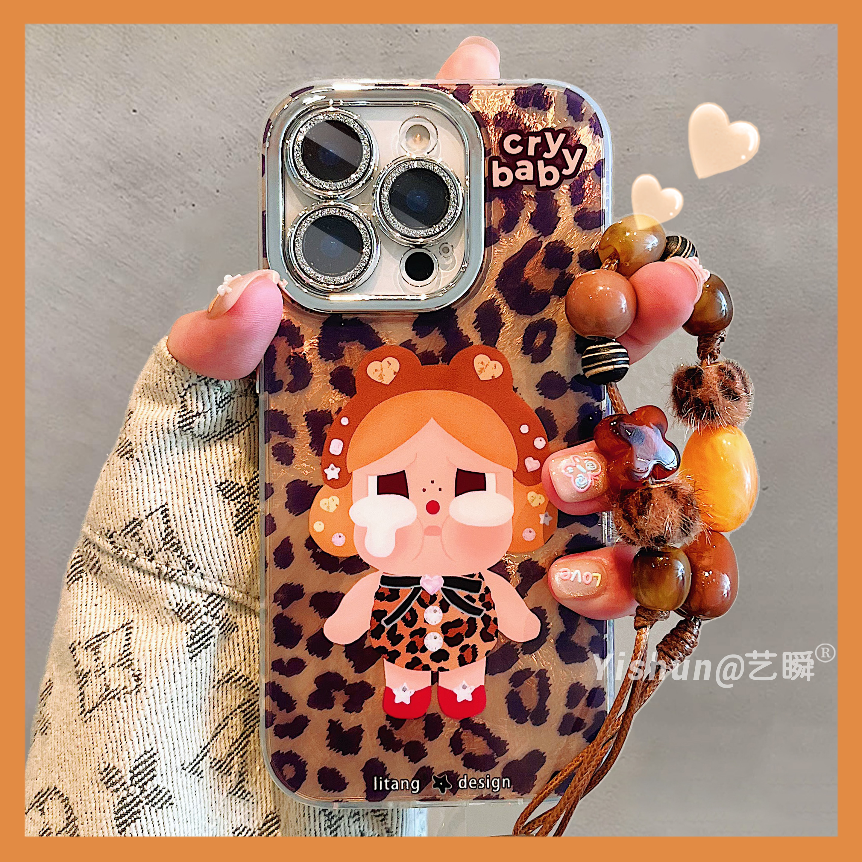 千禧古早感哭娃豹纹适用苹果16promax手机壳新款iPhone15pr复古14plus全包镜头13Pro高级感17pm时尚12保护套