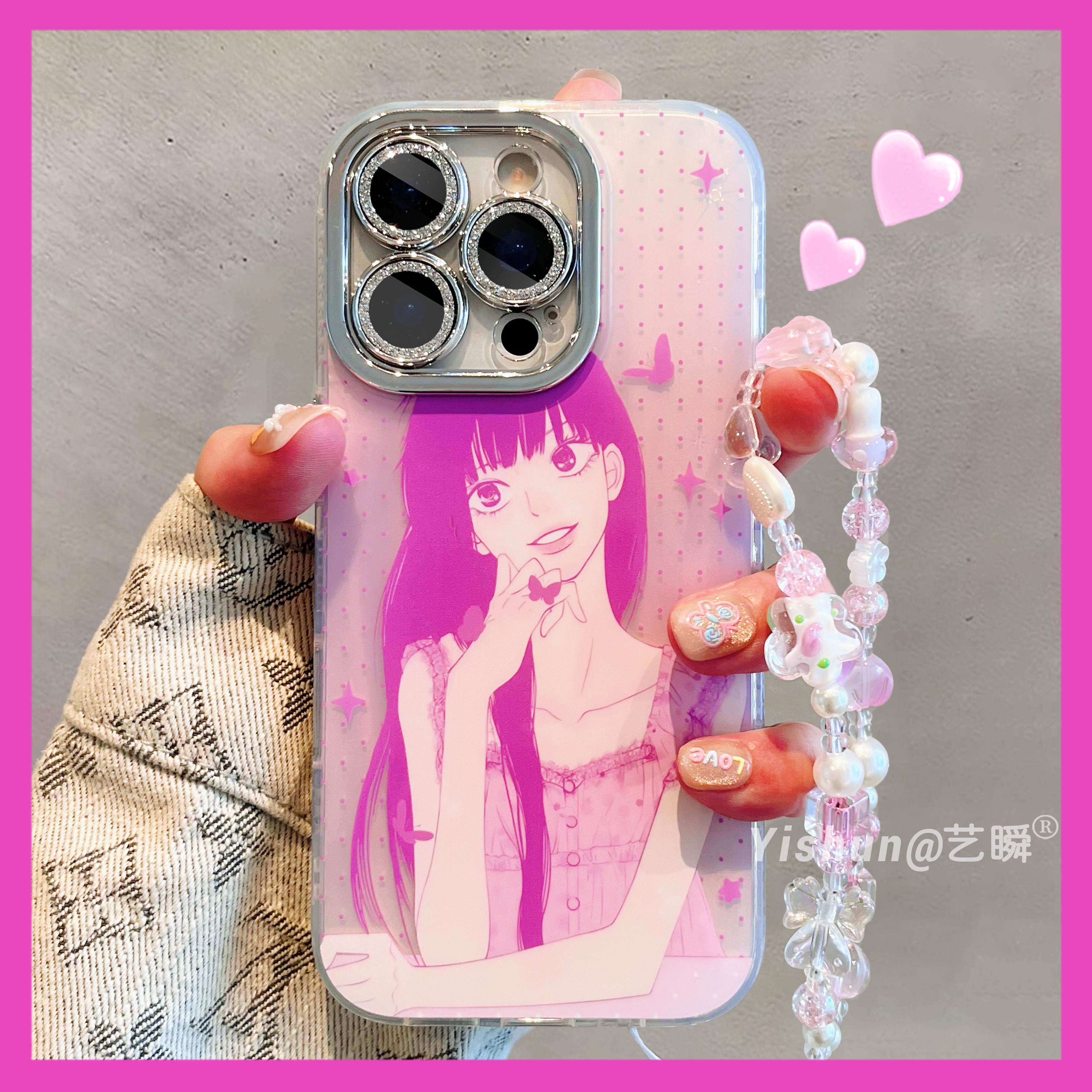 渐变玫红波点黑沼爽子适用iPhone16ProMax手机壳苹果17pro卡通15闪粉全包镜头膜13镭射流光14pro防摔女保护套