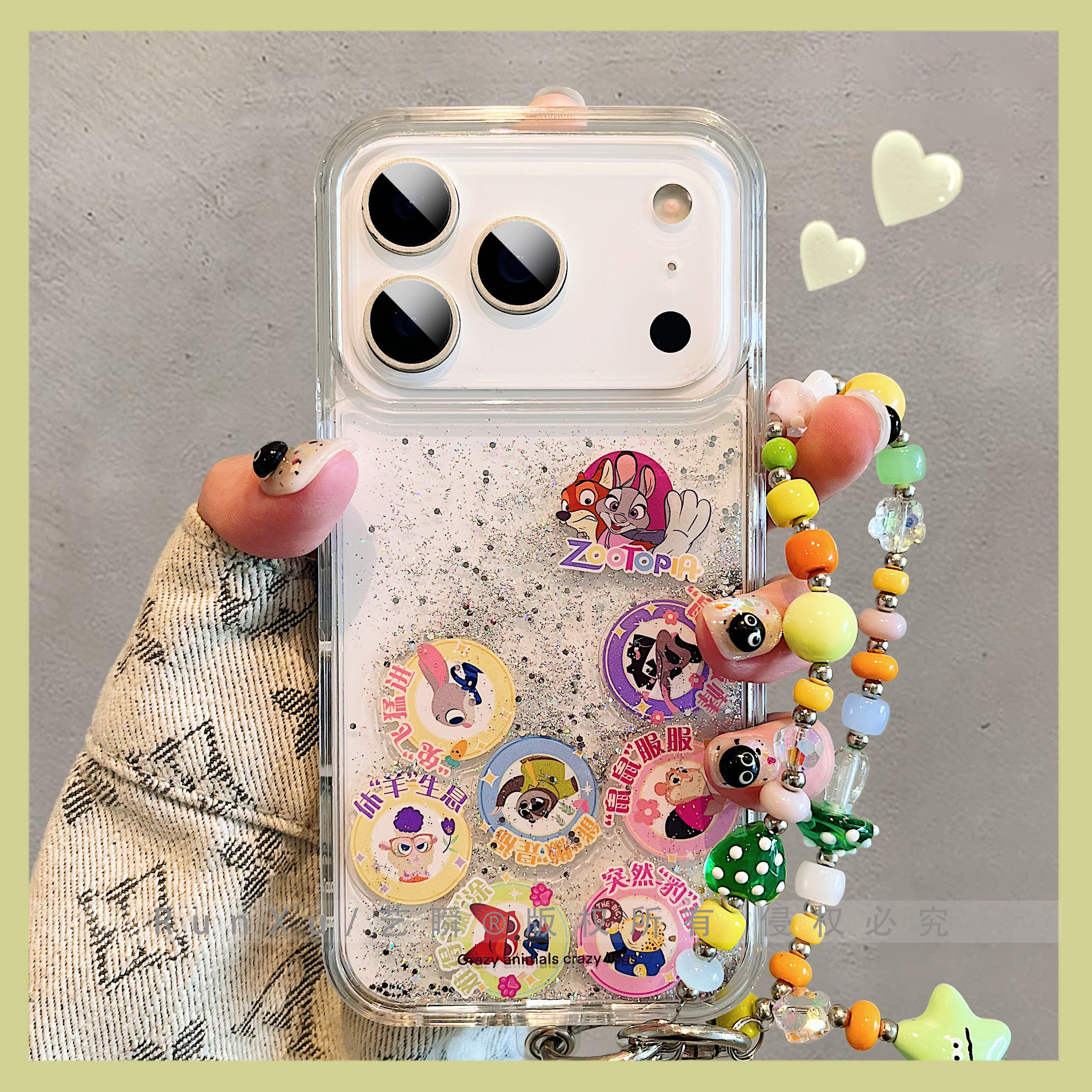 疯狂动物城寓意谐音成语小动物闪粉流沙滑块适用苹果17ProMax手机壳新款iPhone16pro动漫14透明ip15pro保护套