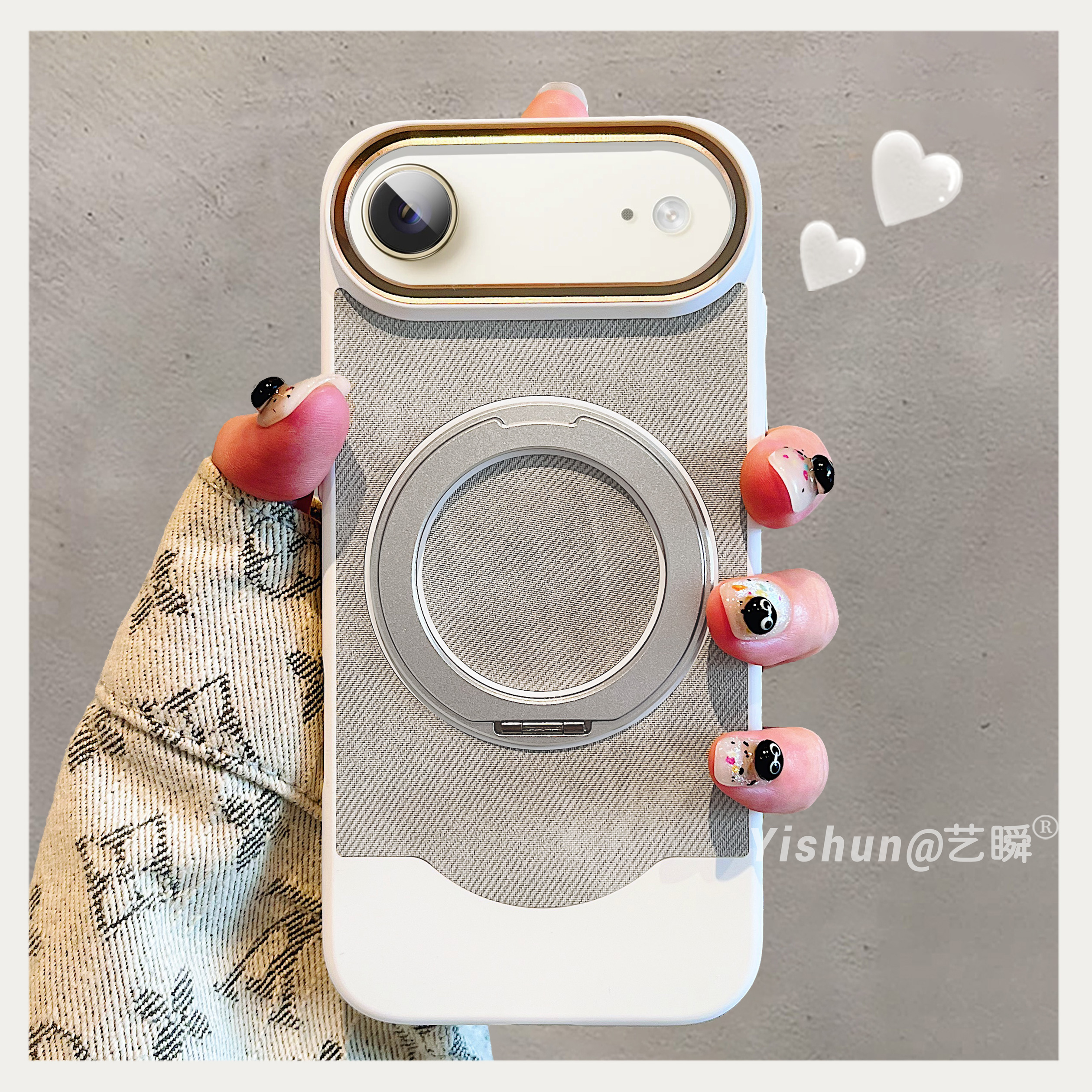 新款创意灰白拼色肤感贴皮适用苹果17ProMax手机壳iPhone16pro一体式360旋转支架14软边防摔ip15大孔13保护套