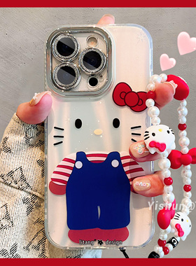 蓝色背带裤隐身kt猫镭射极光适用苹果16promax手机壳15Pro新款iPhone14pro镜头全包16plus带挂绳17创意保护套