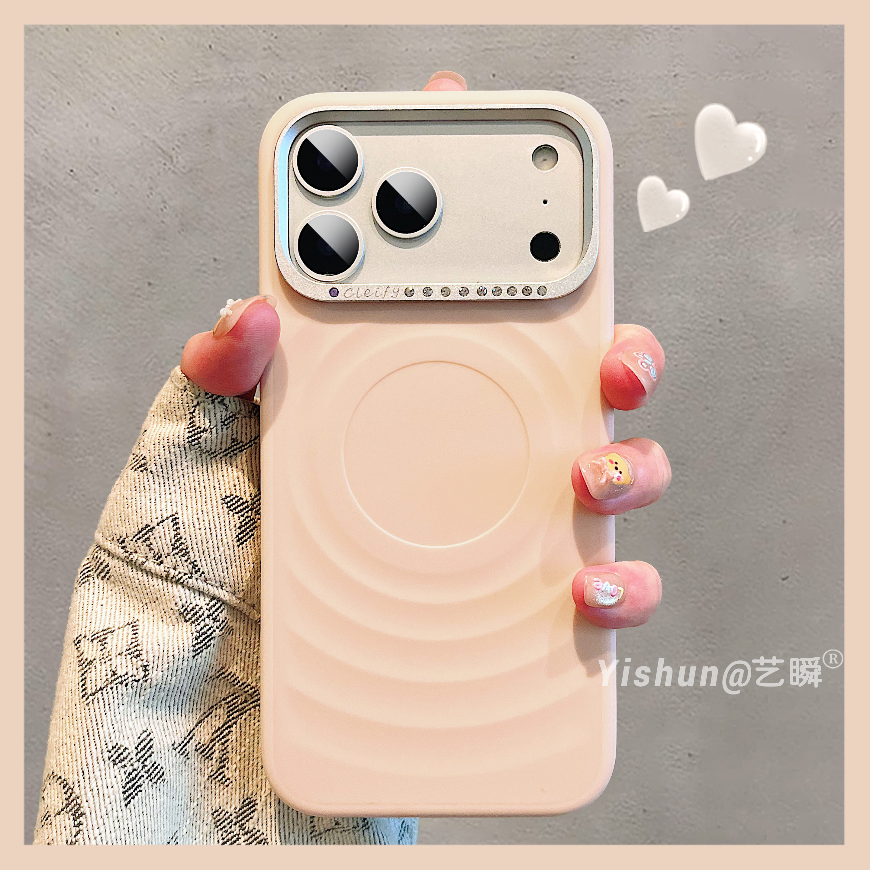 新款高级感裸粉色波漾纹适用苹果17ProMax手机壳iPhone17pro点钻镜框17气质唯美16promax肤感硅胶17pro保护套