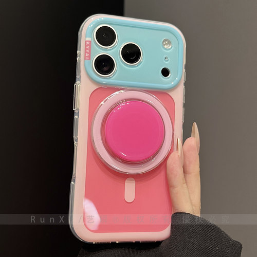 ins辣妹风缤纷多彩玫红撞色磁吸壳适用苹果17ProMax手机壳新款iPhone16pro气囊支架15少女心14全包精孔保护套