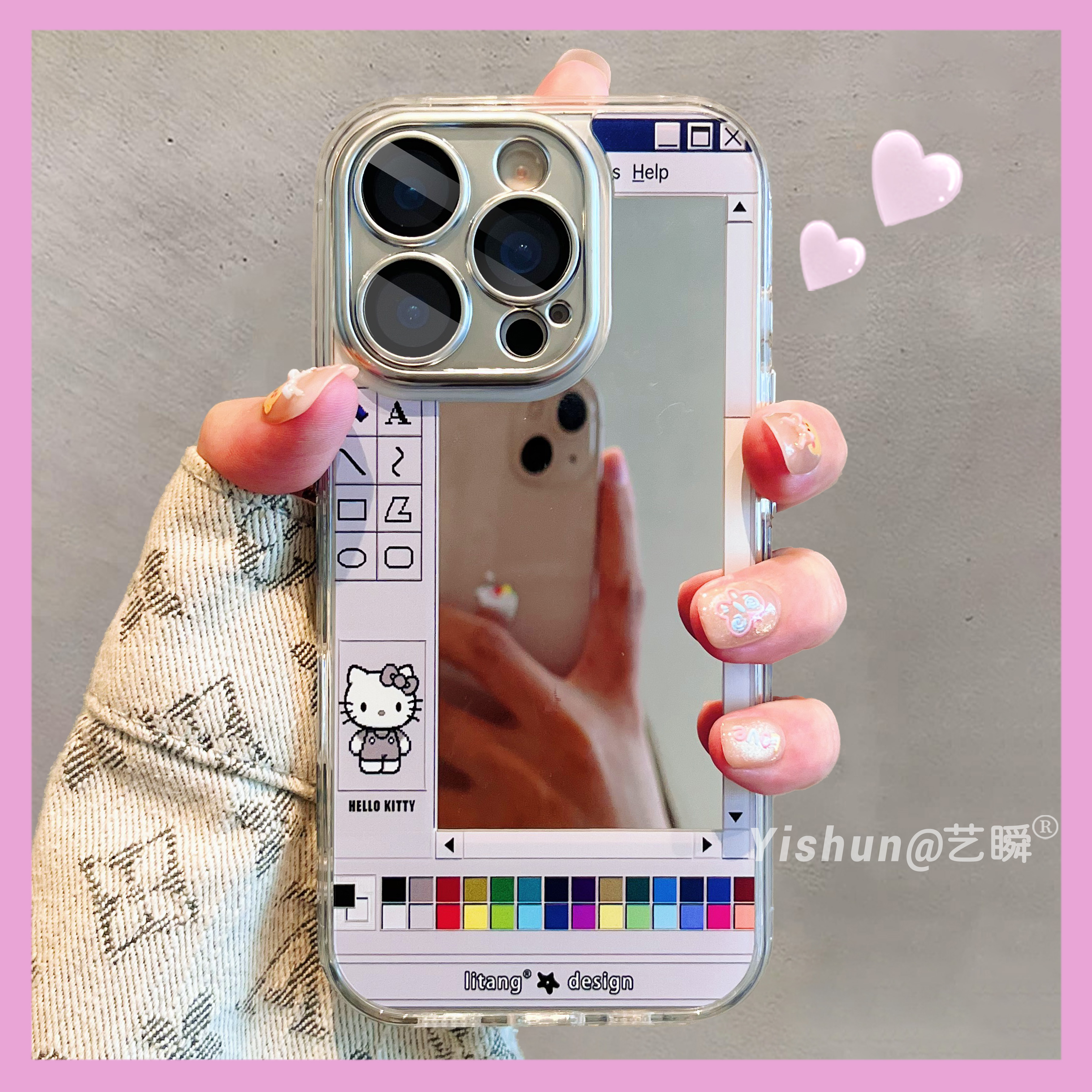 趣味古早绘画软件kt猫适用苹果16ProMax手机壳新款iPhone15pro高级感小众ip17补妆镜面13pro女款14镜子保护套