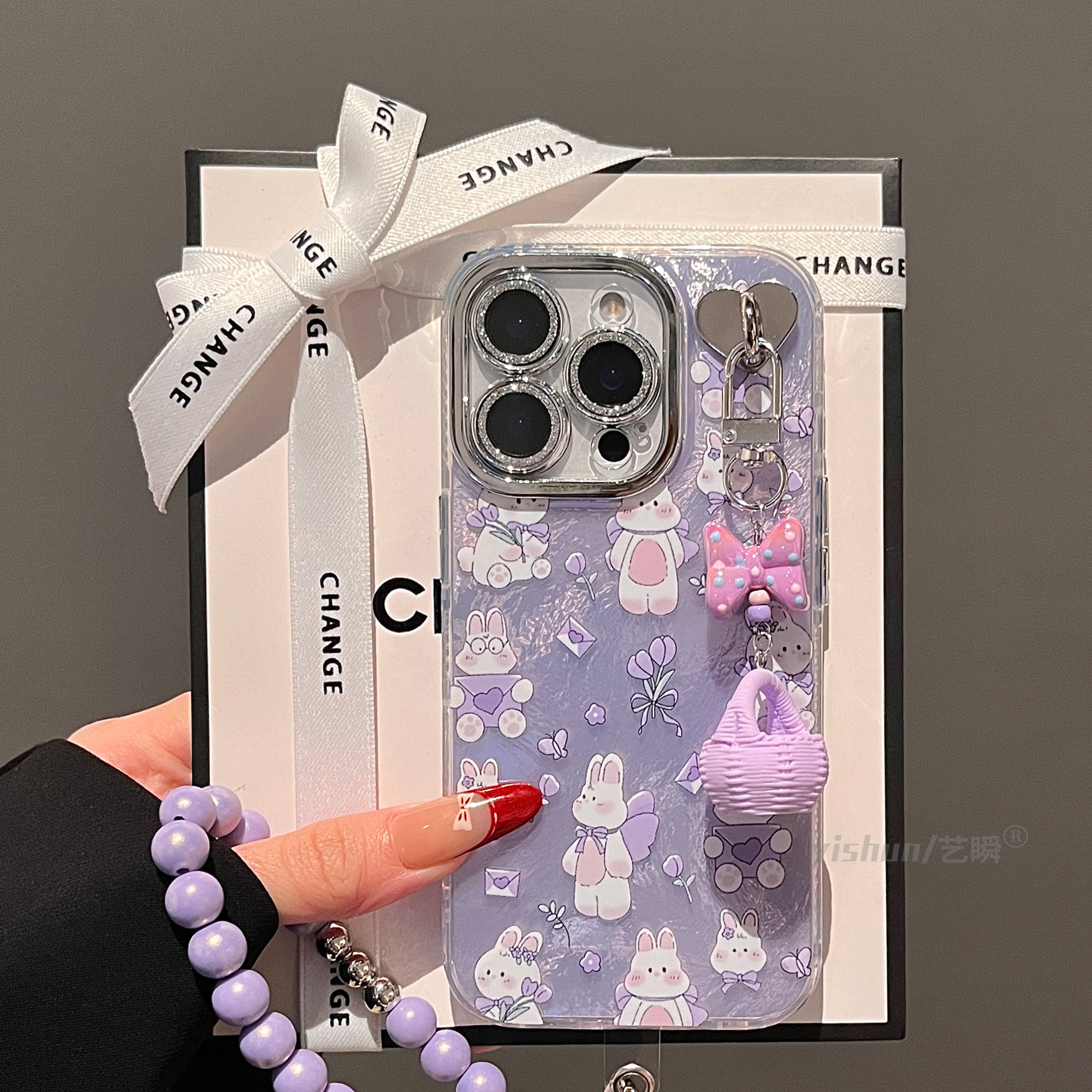原创温柔紫色系郁金香兔子适用苹果16ProMax手机壳2025新款iPhone17pro锡纸纹14max女款13pm全包镜框12保护套