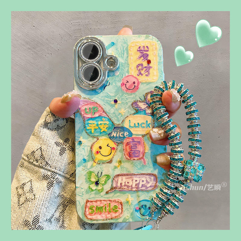 适用苹果16ProMax手机壳新款iPhone16创意蓝光油画笑脸15 promax发财平安13pm女款12镜头全包15pro挂绳保护套