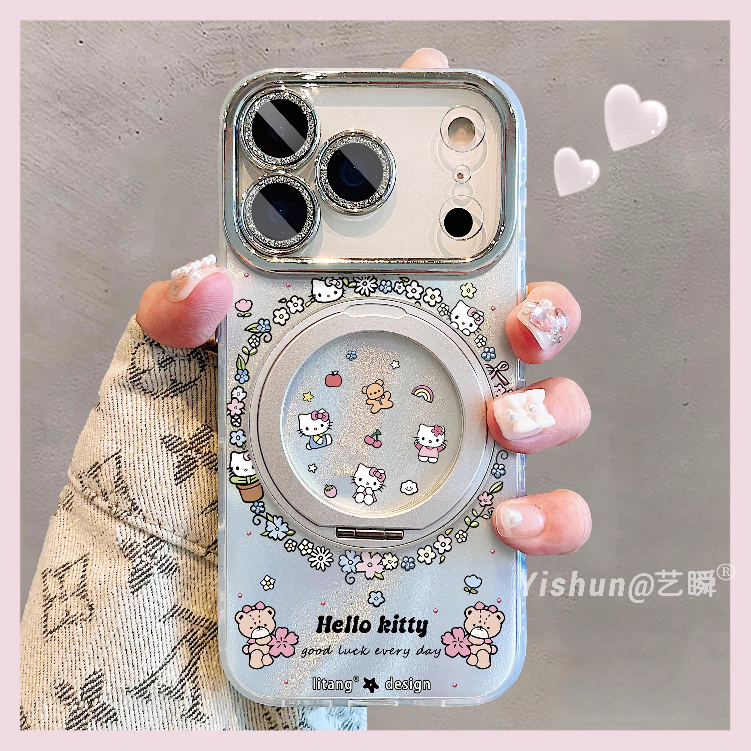 治愈系花围圈kt猫适用苹果16promax手机壳360旋转支架iPhone15pro磁吸支点壳14全包镜头13pm新款17可爱保护套
