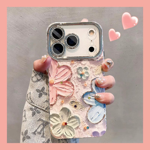 蓝光点钻油画花朵苹果手机壳