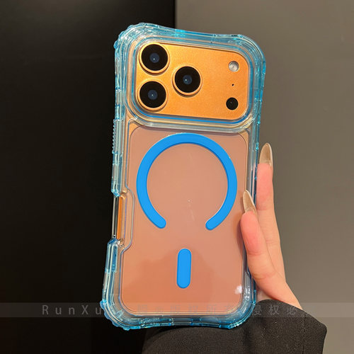半透天蓝色四角气囊防摔适用苹果17ProMax磁吸手机壳iphone16三合一15pro创意ip14小众13情侣款pro防滑保护套