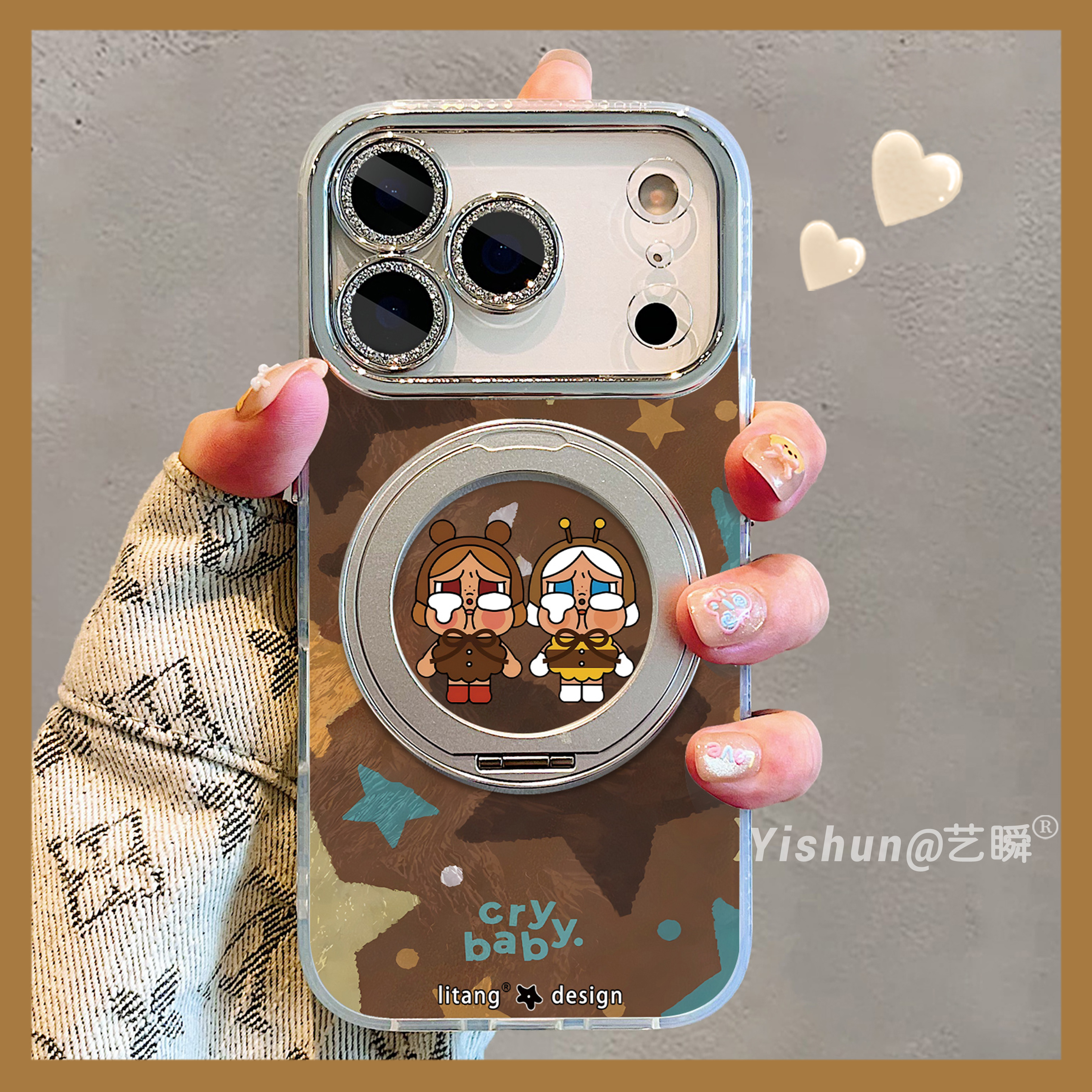 趣味棕色系五角星星叠加哭娃适用苹果17/17promax手机壳360旋转支架16pm支点壳iPhone14卡通可爱15女款保护套