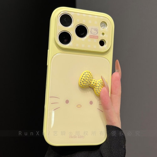 ins元气清新治愈系奶黄色猫咪蝴蝶结适用苹果17ProMax手机壳新款iPhone16pro格纹大视窗15软萌13可爱14保护套
