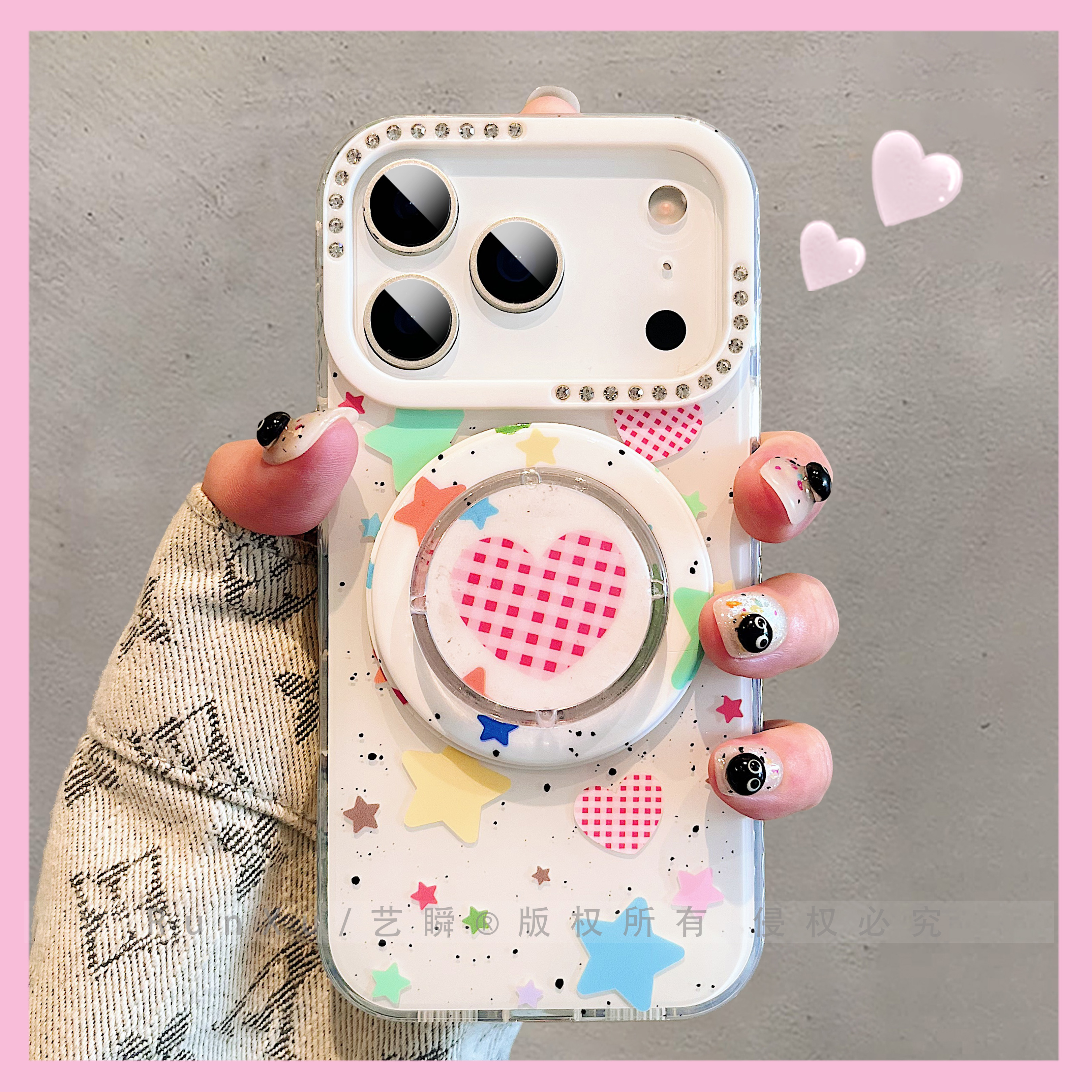 多巴胺创意小星星格纹爱心磁吸支架适用苹果17ProMax手机壳iPhone16pro双层ip14大孔点钻13防摔15pro女保护套