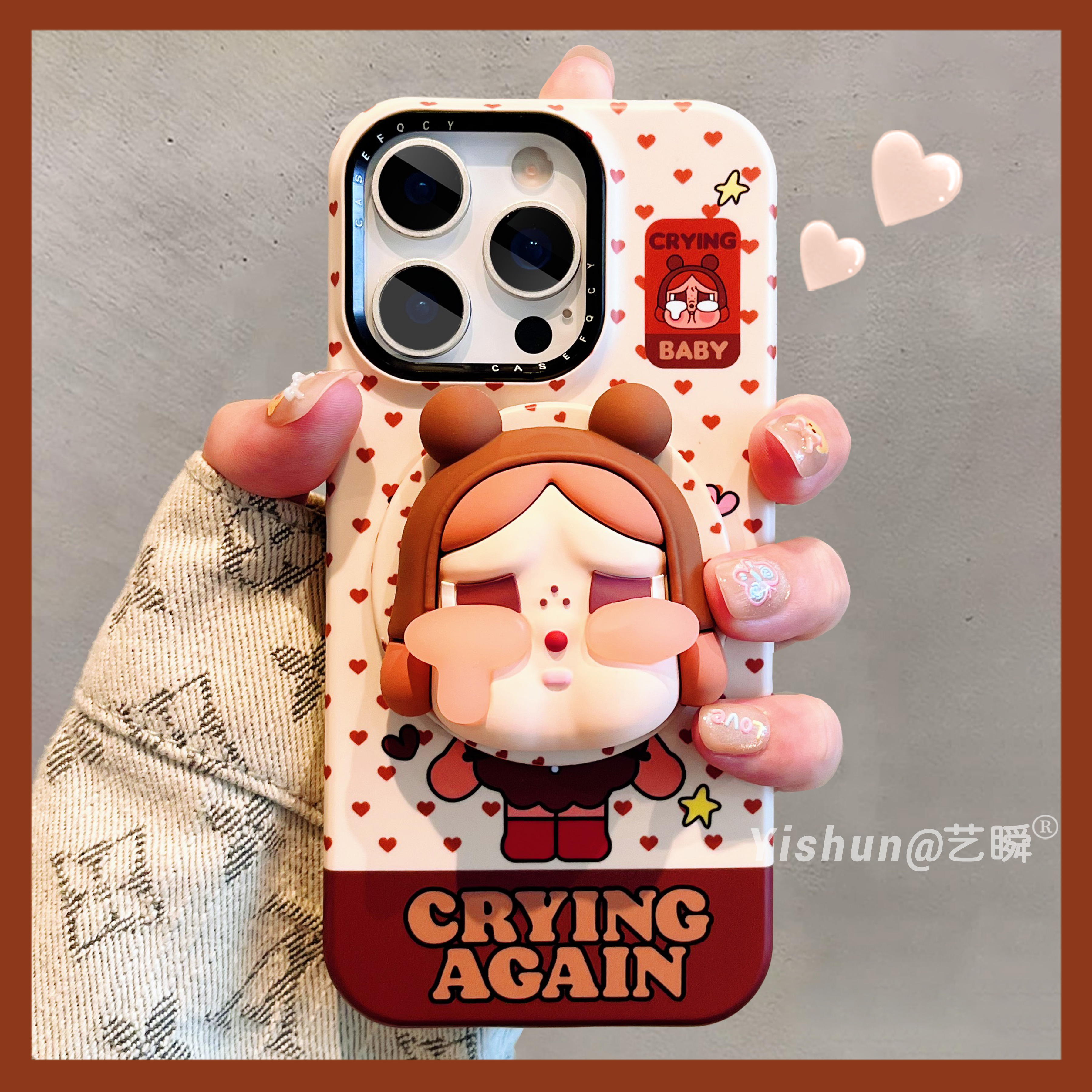 趣味卡通满屏爱心波点立体哭娃磁吸支架适用苹果16ProMax手机壳可爱新款iPhone17pm双层15高级感女款14保护套