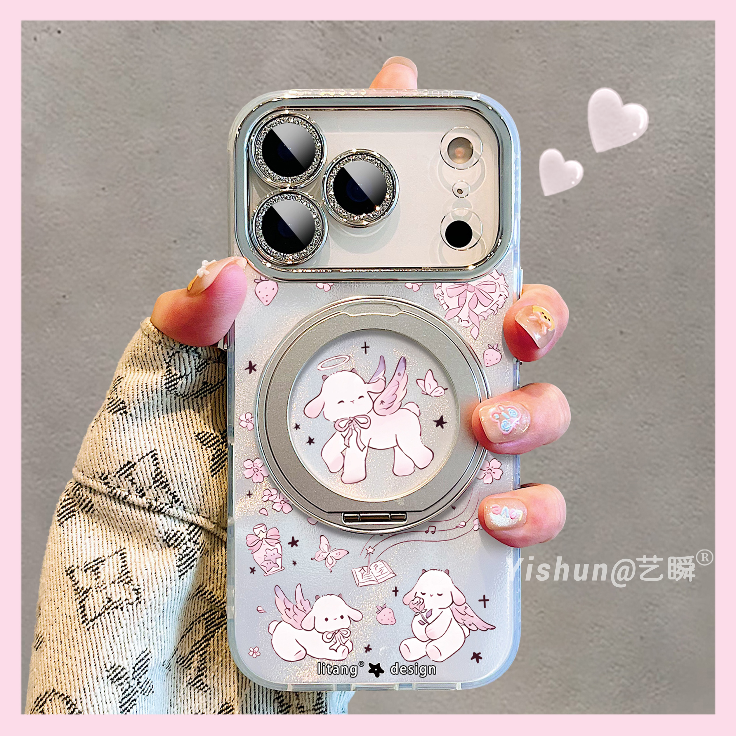 治愈瞬间·粉嫩天使小羊适用苹果17/17promax手机壳360旋转支架16pro磁吸支点壳iPhone14新款少女15pro保护套