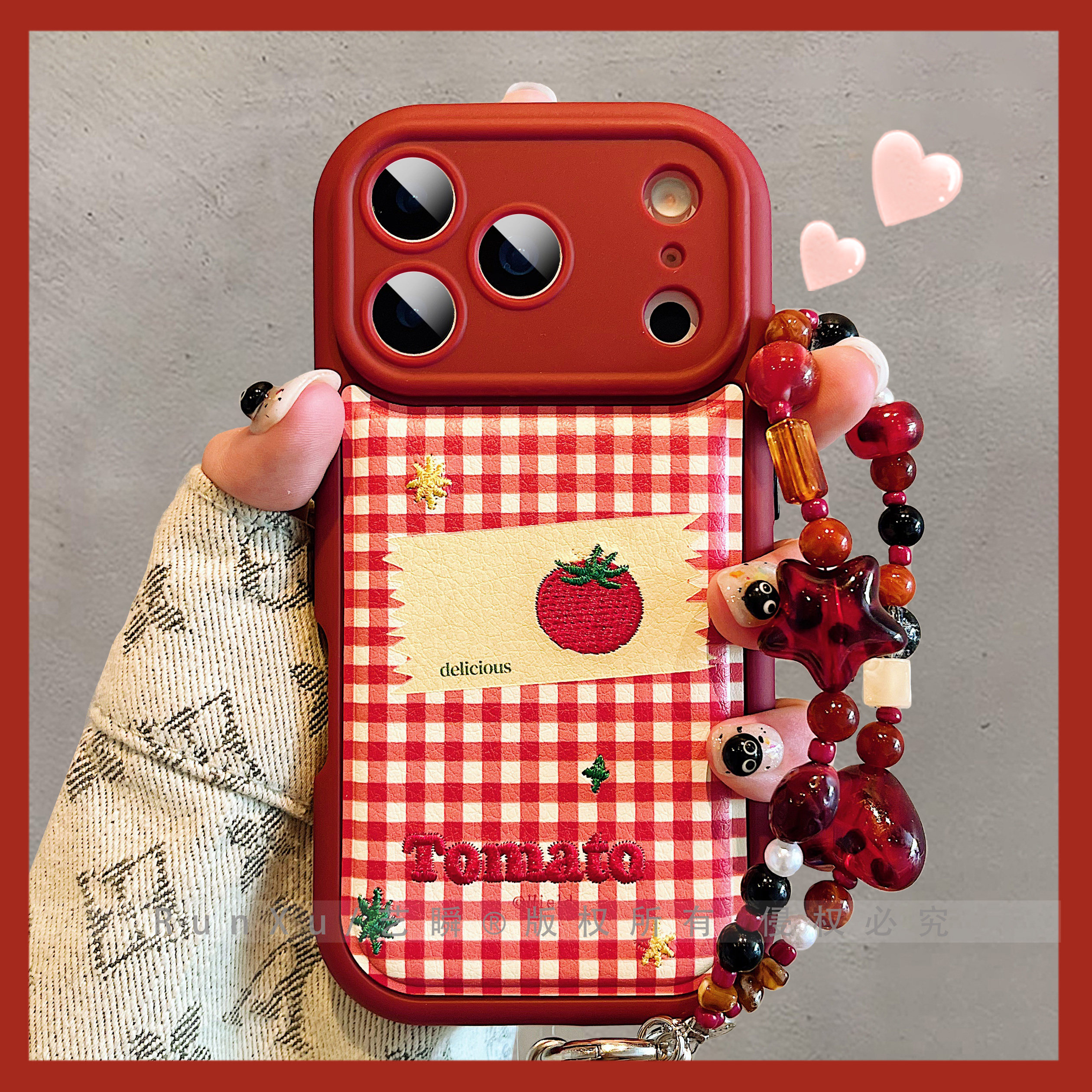 韩系ins风创意简约红白格纹西红柿标签适用iPhone17ProMax手机壳苹果16pro皮质精孔13巨好看15小众ip14保护套,3C数码配件,手机保护套/壳,淘宝优惠券,粉丝福利购,淘宝优惠卷