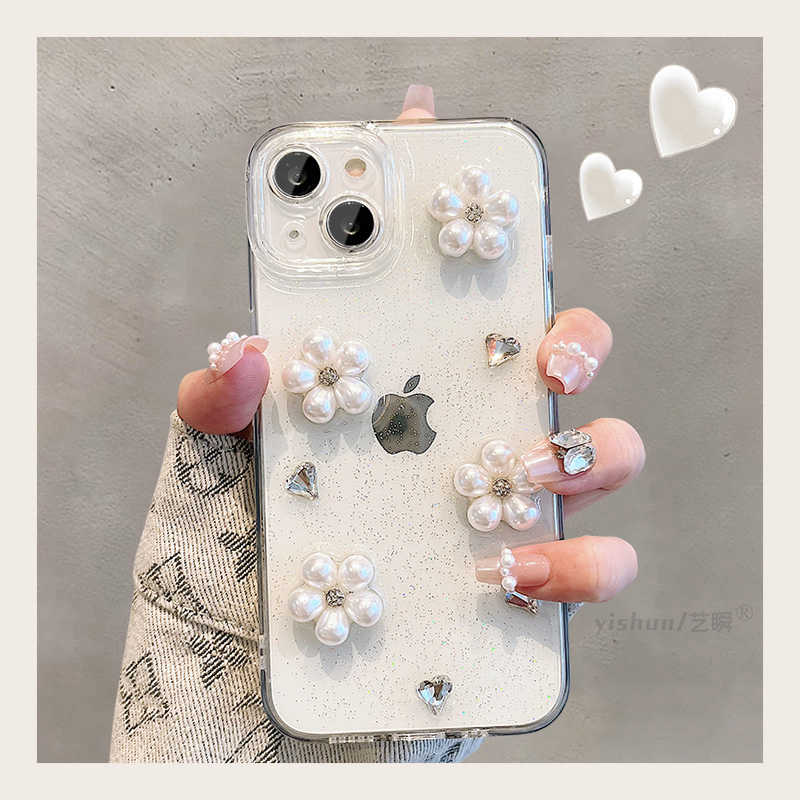 适用iphone14promax苹果15手机壳13pro立体爱心花朵水钻13pro透明滴胶14ProMax简约唯美15pm韩风女款11保护套