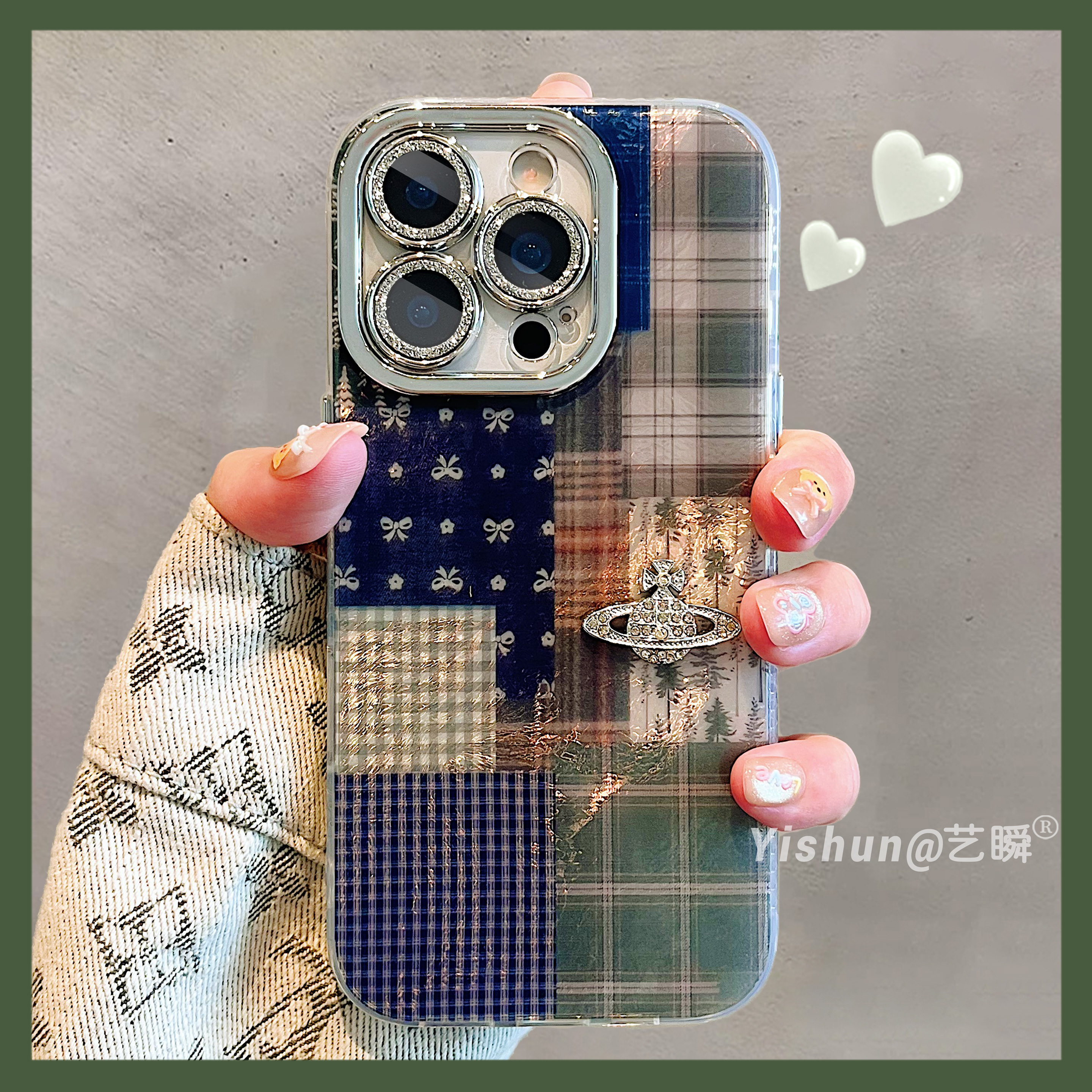 高级感复古森系格纹拼接适用iPhone16ProMax手机壳苹果17pro时尚15全包镜头膜13pm锡纸纹14pro防摔12女保护套