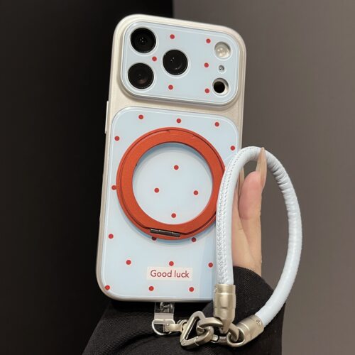 ins温馨治愈撞色波点360旋转支架适用苹果17ProMax手机壳新款iPhone18pro大视窗15带挂绳14全包防摔16保护套