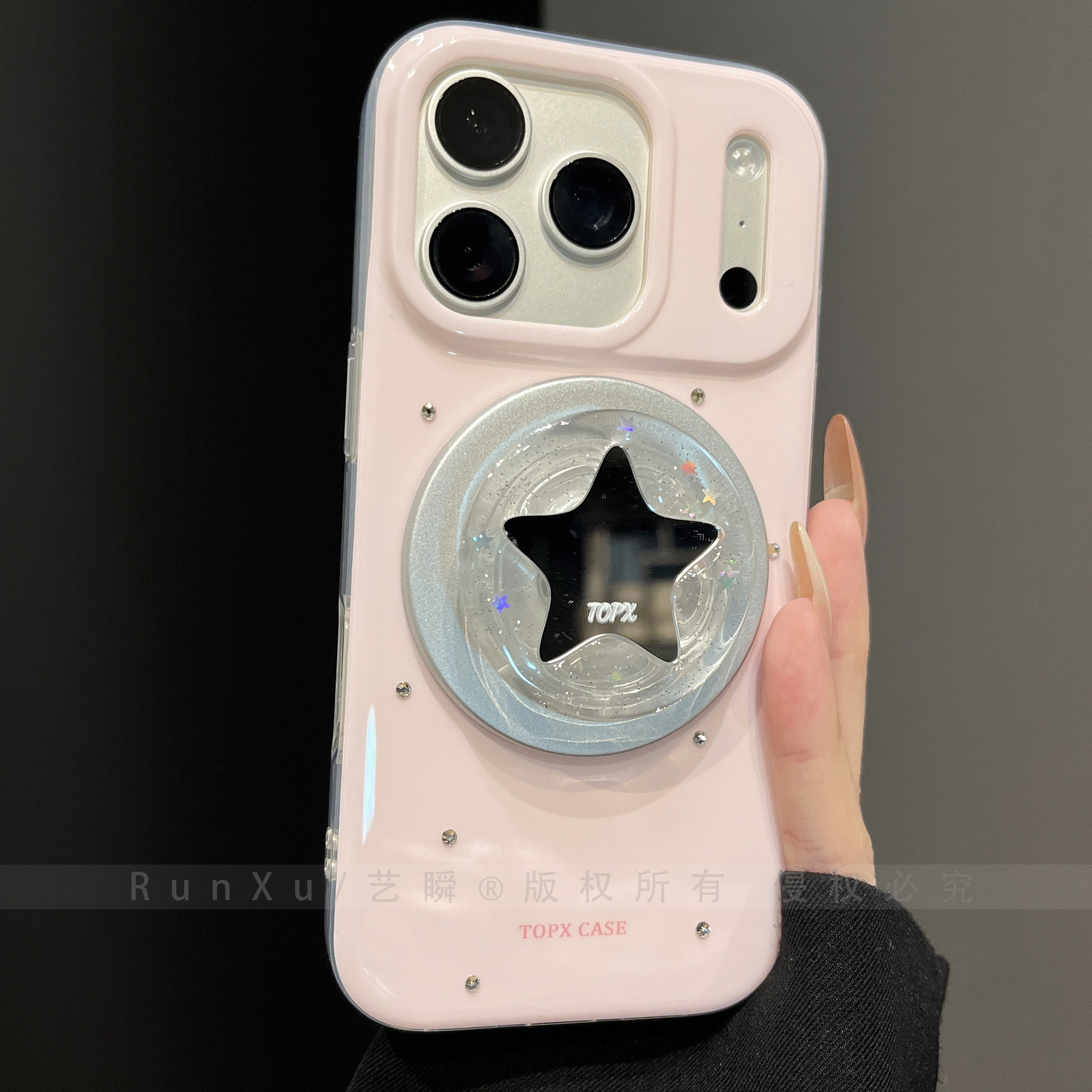 ins小镜子五角星支架适用苹果17ProMax手机壳磁吸pro新款iPhone16pm樱花粉亮面点钻15少女心17pro全包保护套