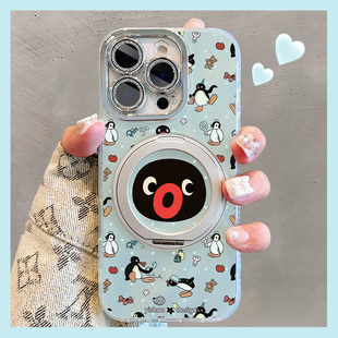 pingu小企鹅日常适用苹果16promax手机壳360旋转支架壳17pm磁吸支点壳iPhone14plus镜头全包13女款16pm保护套