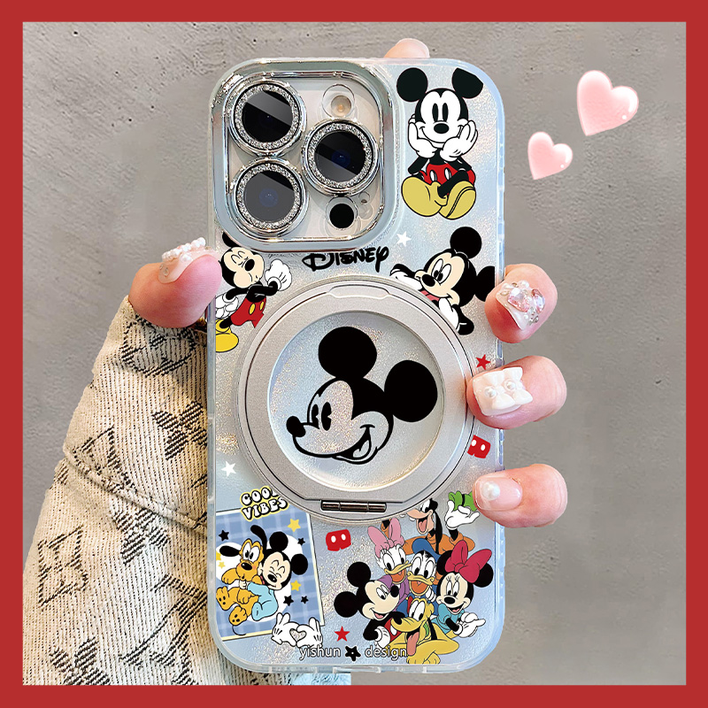 米奇欢乐日常适用苹果16promax手机壳360旋转支点壳17pro卡通新款磁吸支架iPhone14plus可爱13女款16pm保护套