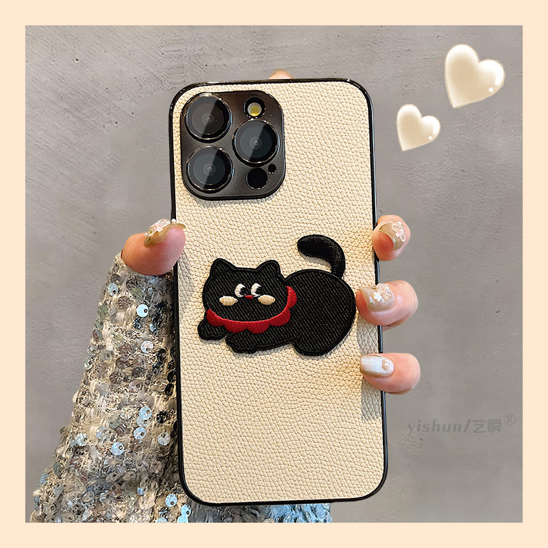 皮质立体刺绣小狗猫咪苹果手机壳