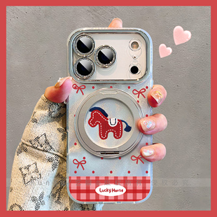 马年新年款·红格纹蝴蝶结小马适用苹果17promax手机壳Air旋转支架16pro磁吸支点壳iPhone14新款过年15保护套