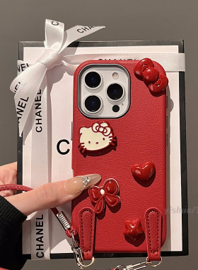 适用苹果16pro手机壳新款iphone15promax复古红色皮纹kt猫蝴蝶结爱心14plus高级感13女款11pm手拎绳12保护套