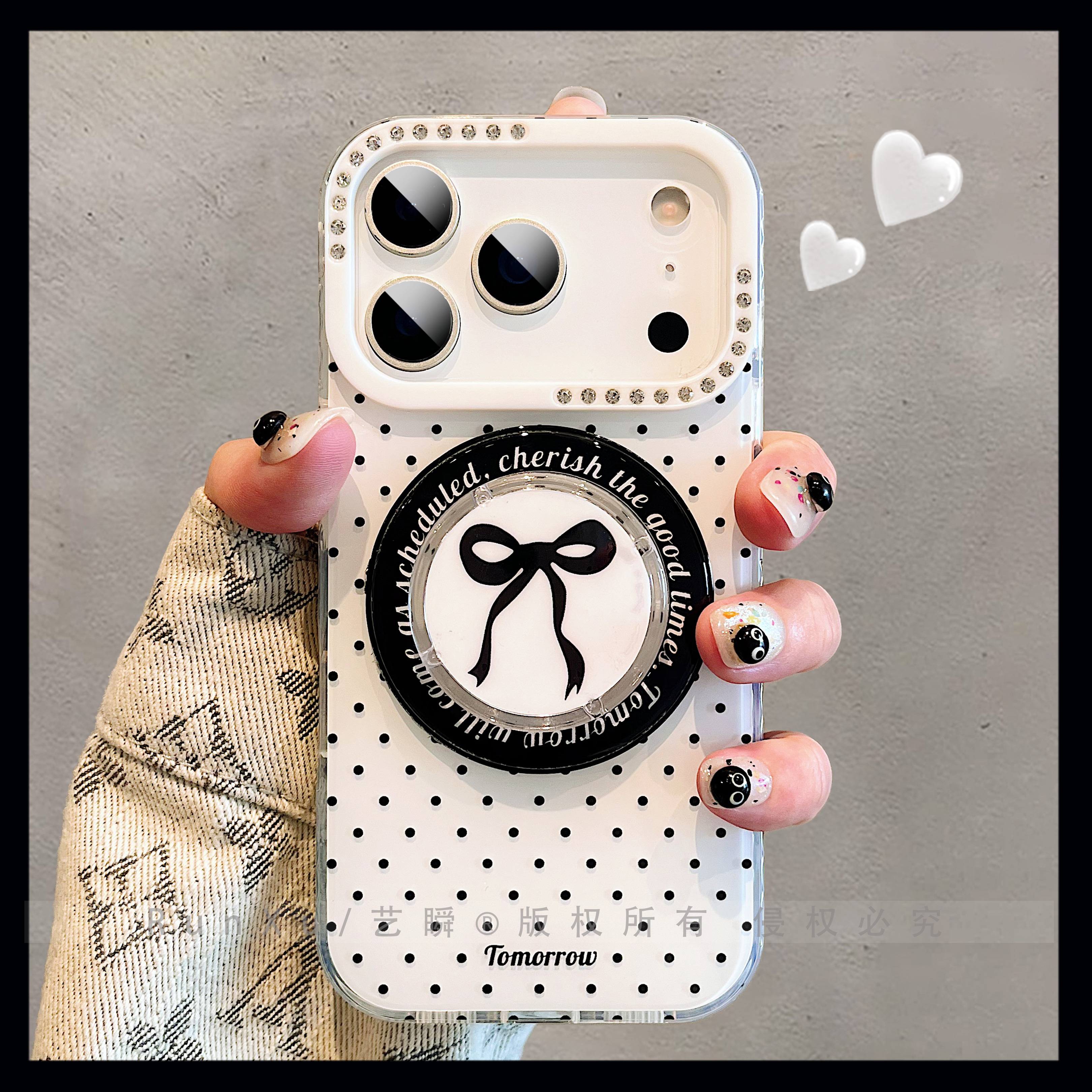 韩系ins风黑白波点蝴蝶结磁吸支架适用苹果17ProMax手机壳iPhone16pro双层ip14大孔点钻13女新款15磁吸保护套