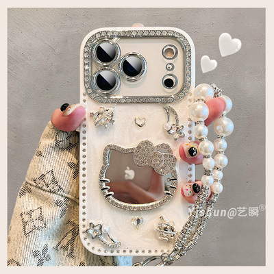 ins高级感轻奢点钻镜面kt猫适用iPhone17ProMax手机壳苹果16pro镜头全包14好看的15pro防摔13带挂绳ip保护套