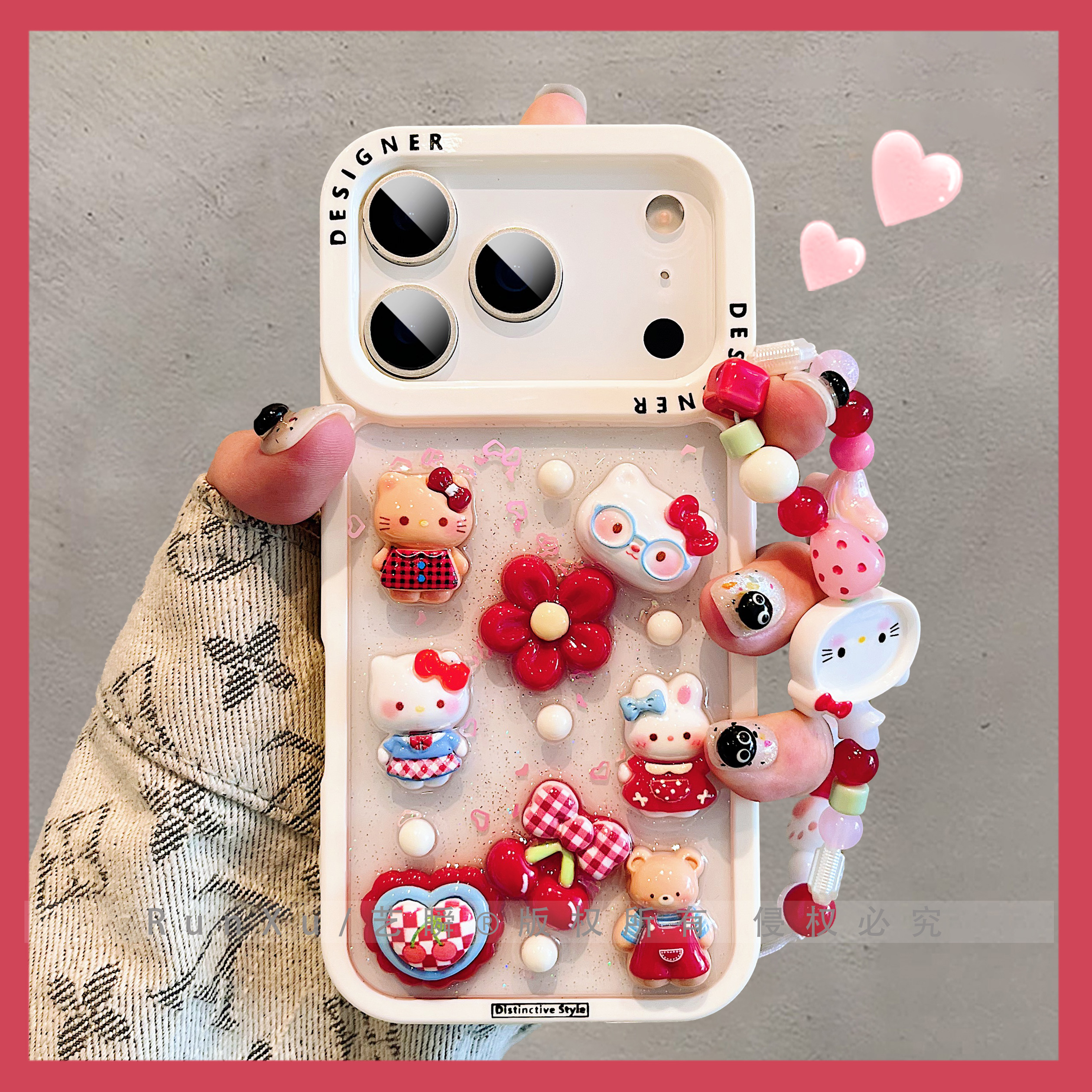 少女心可爱滴胶立体花朵kt猫米菲兔适用苹果17ProMax手机壳iPhone16新款14大孔ip15pro甜妹13创意11/12保护套