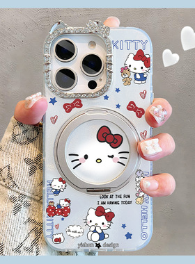 红蝴蝶结kt猫小表情适用苹果16promax手机壳360旋转支架iPhone17pro支点壳14plus凯蒂猫13pm少女心16磁吸新款