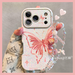唯美文艺粉色蝴蝶适用苹果手机壳17/16promax皮质新款iphone15pm电镀爆闪贴皮14女款ip13少女17Pro全包保护套