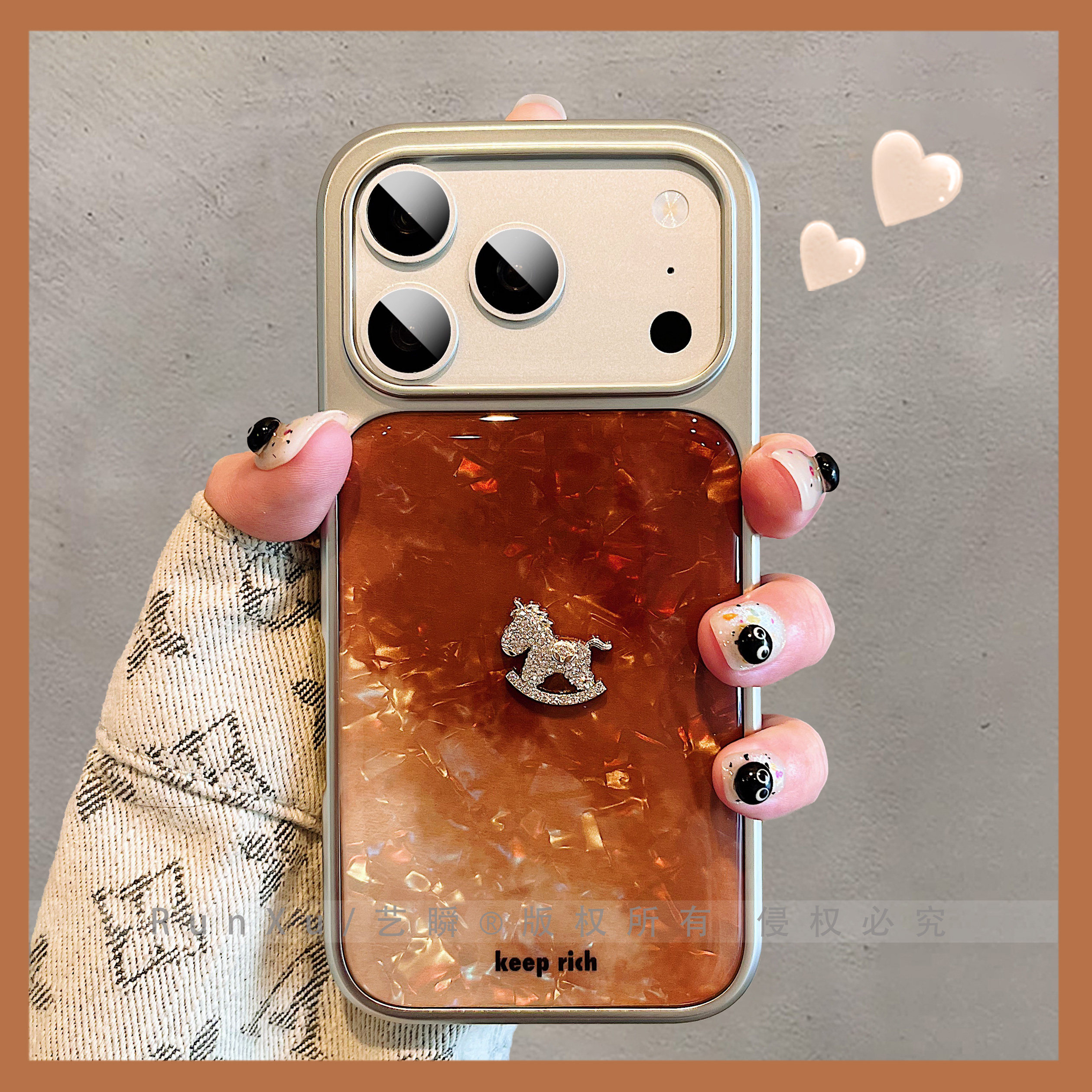 高级感橙棕晕染贝壳纹立体点钻木马适用iPhone17ProMax手机壳苹果16pro电镀银边滴胶15高颜值14pro情侣保护套,3C数码配件,手机保护套/壳,淘宝优惠券,粉丝福利购,淘宝优惠卷