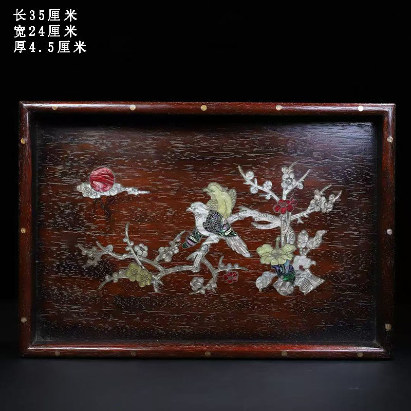 古董文玩小叶紫檀木镶嵌贝壳花鸟茶盘红木托盘摆盘果盘子