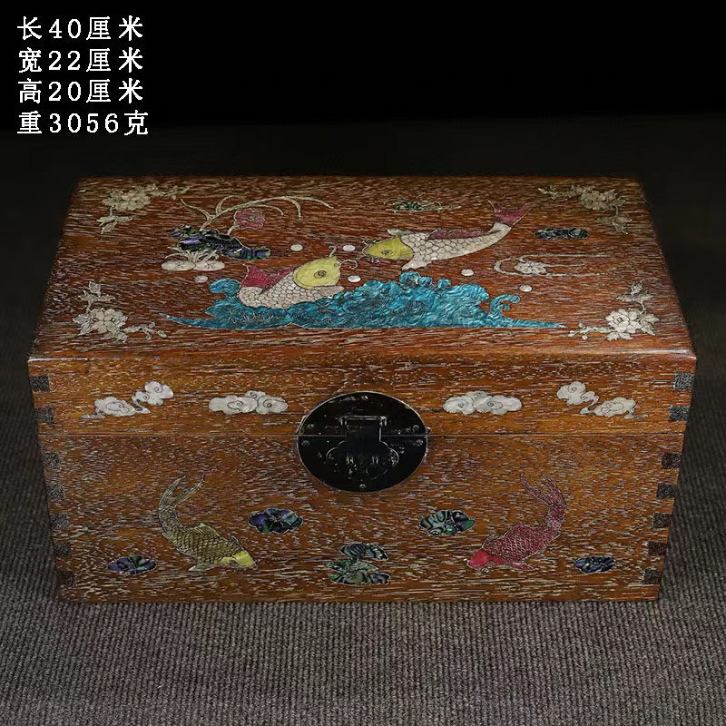 古董文玩缅甸花梨木镶嵌贝壳年年有余首饰盒红木收纳盒大箱子