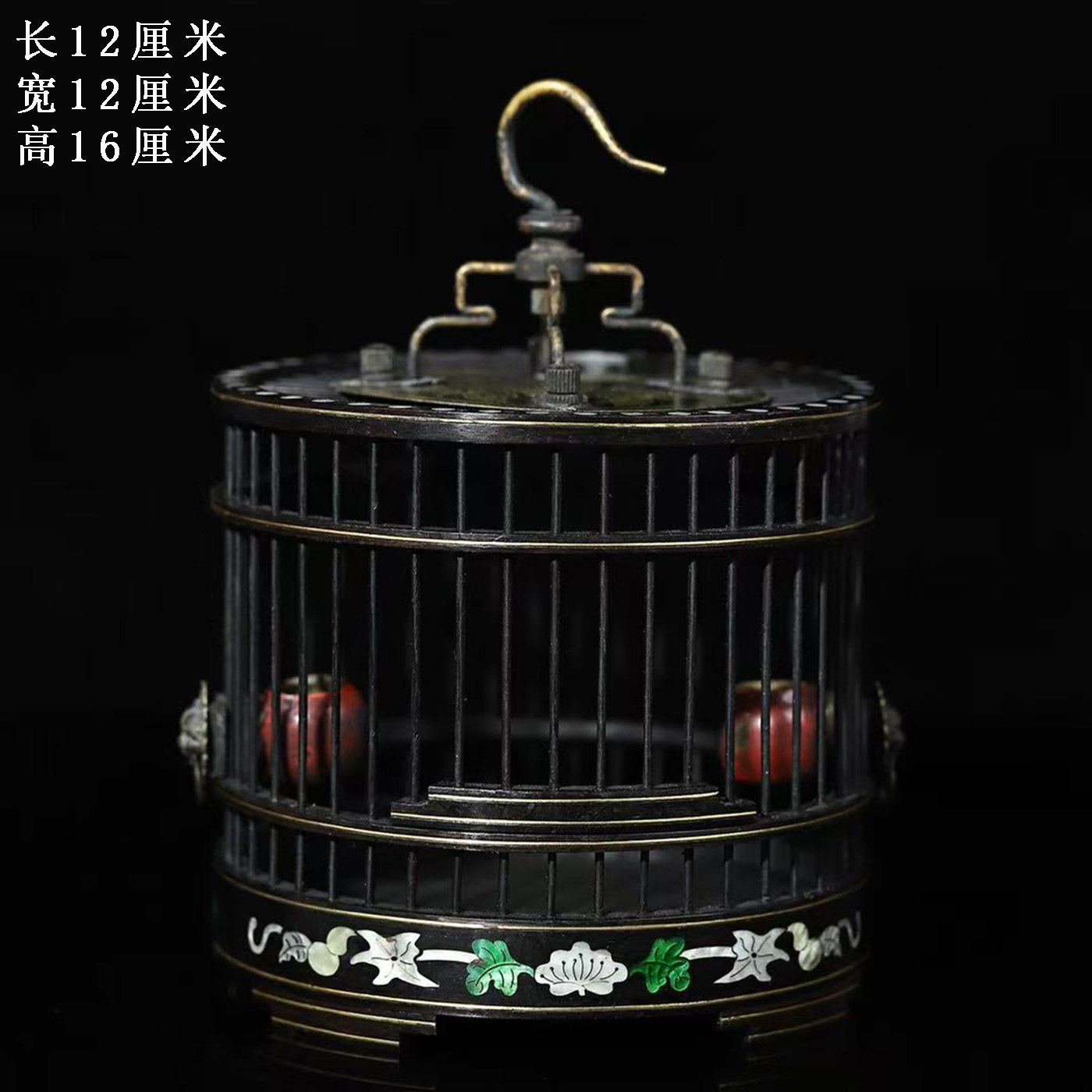 古董文玩黑檀木镶嵌贝壳小号圆形蝈蝈笼小鸟笼蛐蛐笼鸽子笼