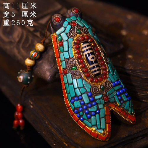 古董文玩藏区回流天然陨石镶嵌宝石天珠雕金蝉摆件知了吊坠手把件