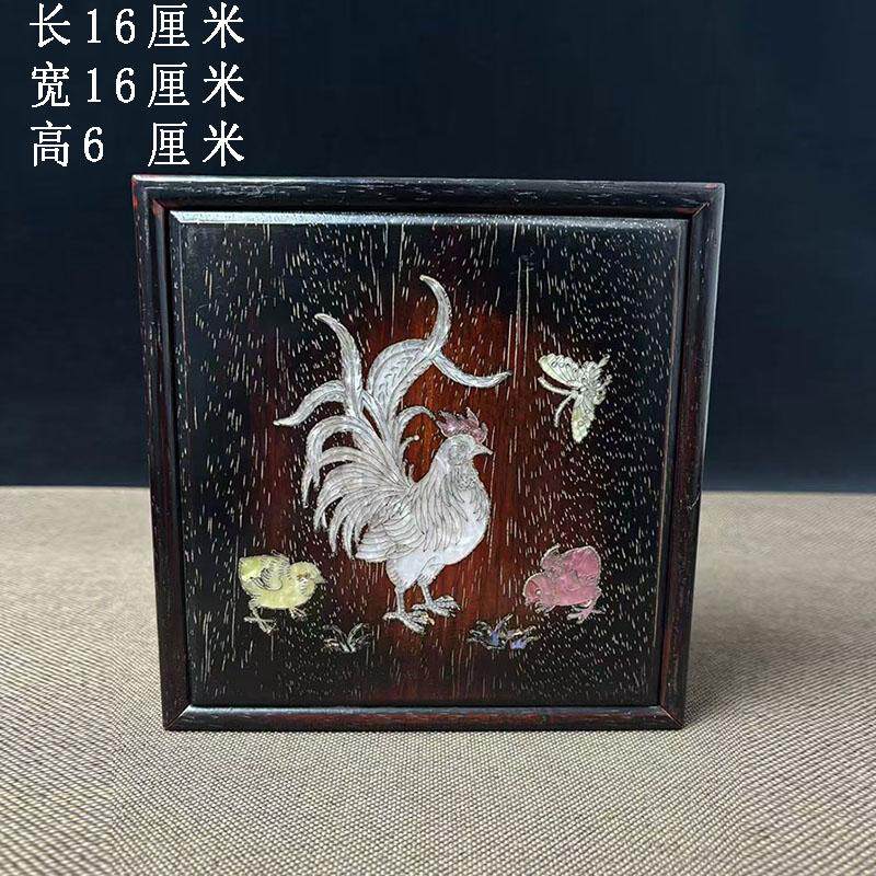 古玩小叶紫檀木镶嵌贝壳公鸡首饰盒抽拉盒红木螺钿盒子复古摆件