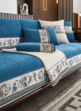 新中式实木沙发垫布艺防滑雪尼尔沙发套罩盖布巾红木坐垫四季通用