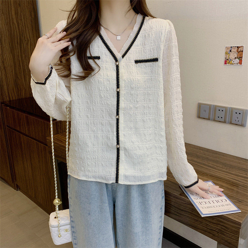 大尺码显瘦V领蕾丝雪纺衫女春秋胖mm宽松遮肚子高级感气质百搭衬