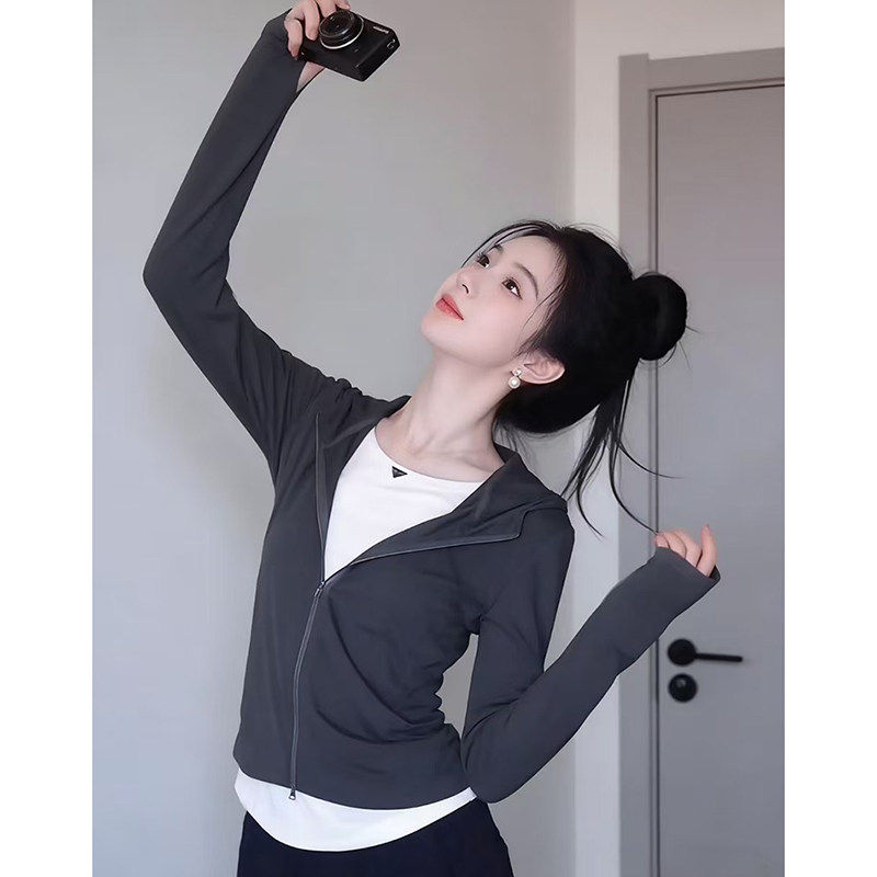 设计感假两件修身长袖连帽衫T恤女春季2026新款内搭打底短款上衣