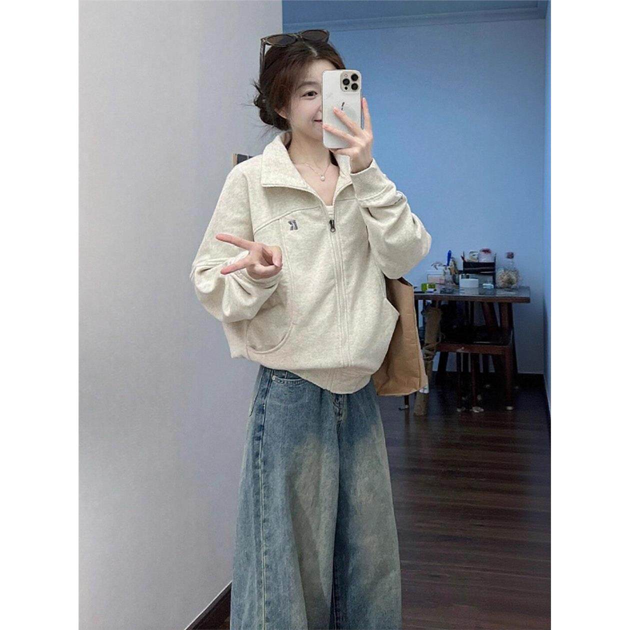 巨好看的早秋一整套2025韩系卫衣外套小个子阔腿牛仔裤穿搭套装女