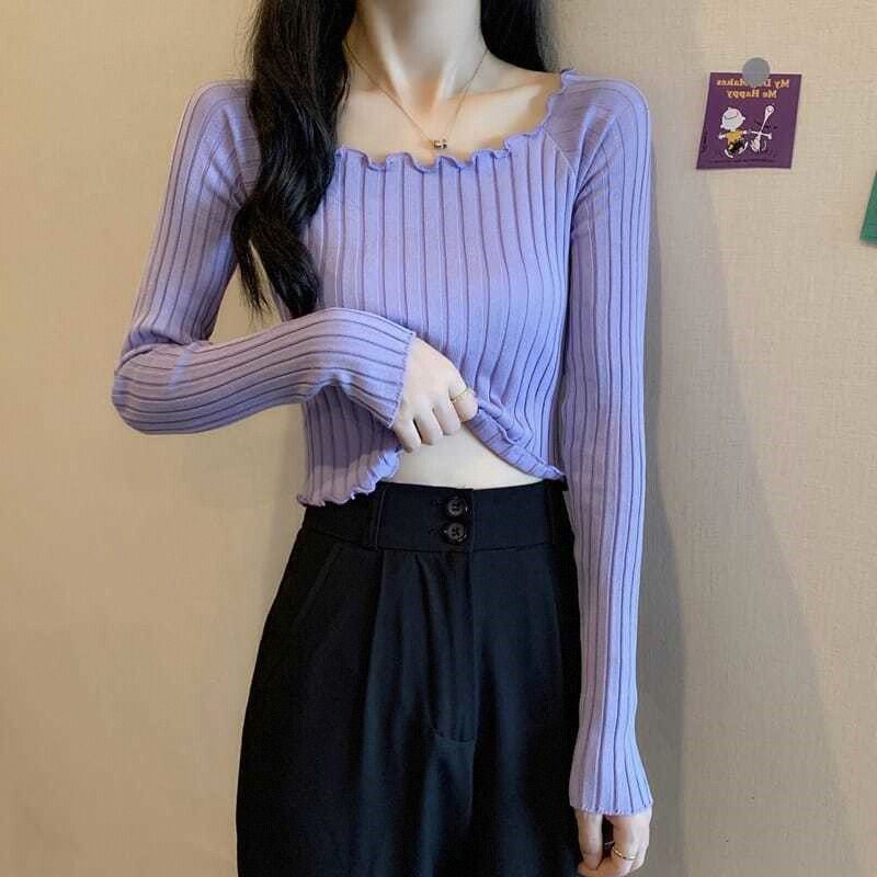 早春新款甜美别致短款上衣潮春秋季薄款洋气内搭毛衣打底针织衫女