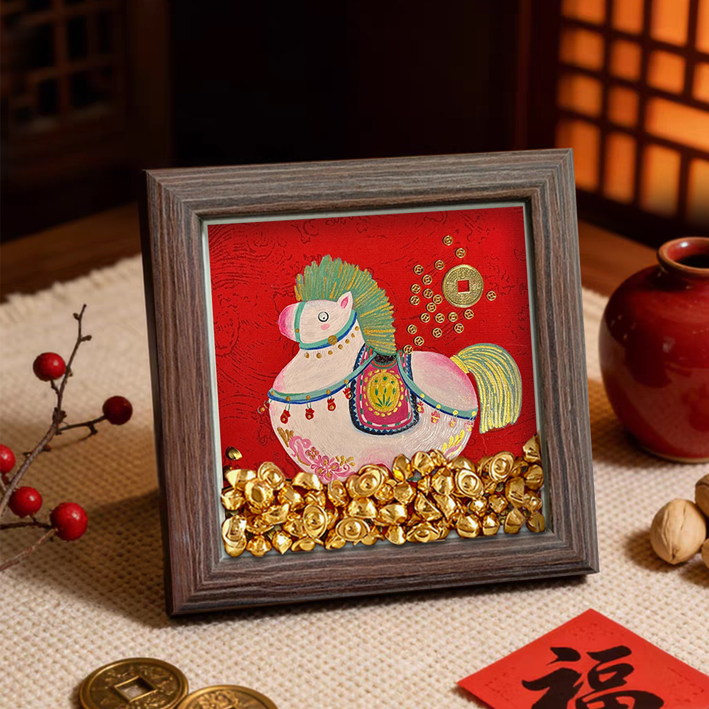 新年中式招财小马桌面摆台画